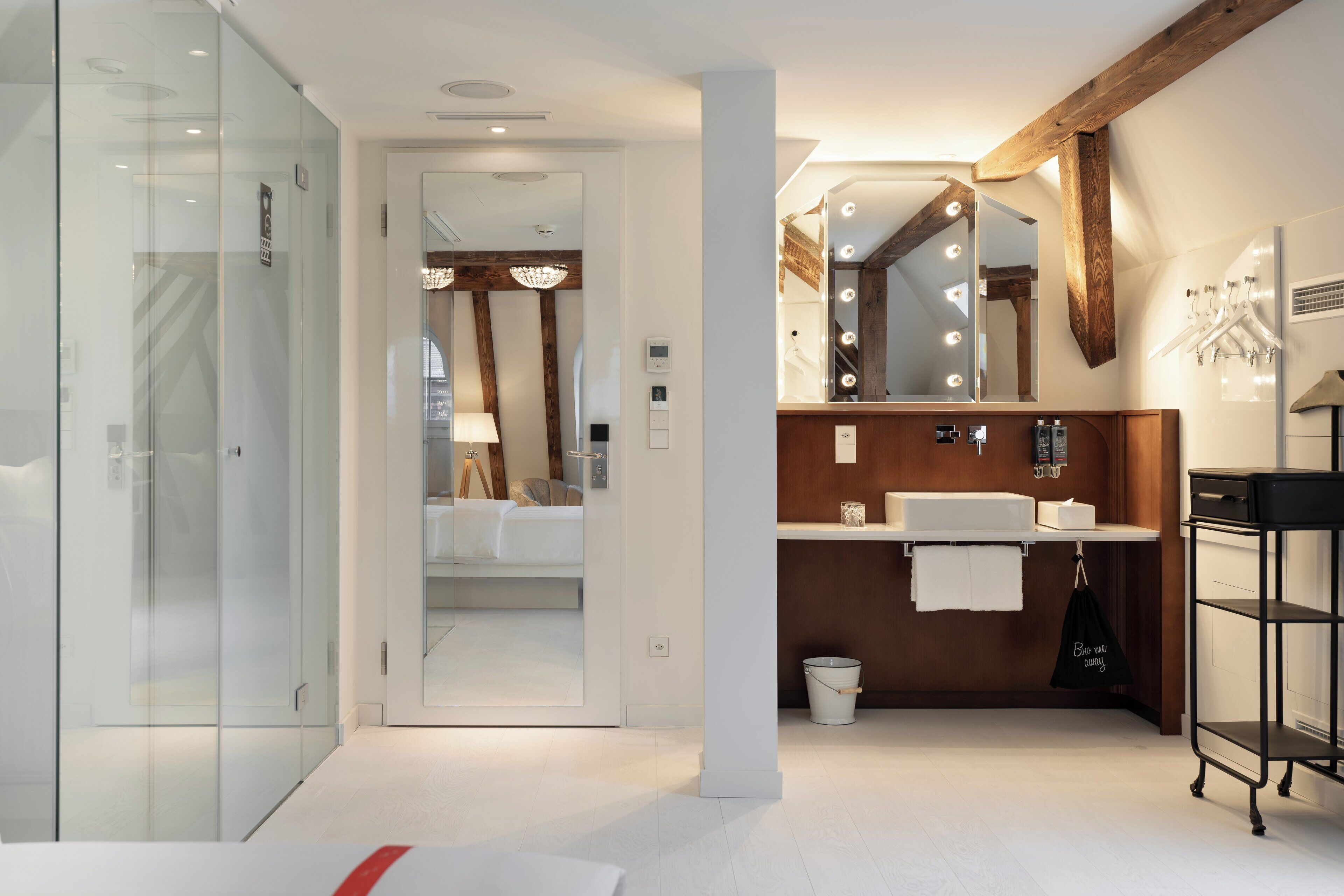 loft room | bathroom | shower, rainfall showerhead, designer toiletries, hair dryer