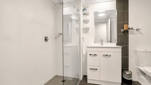 Douche, séchoir à cheveux, serviettes fournies