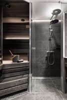 Hair dryer, bidet, heated floors, towels