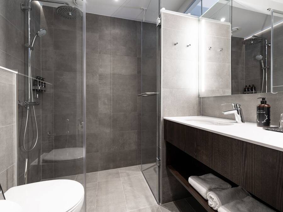 A modern bathroom with a glass-enclosed shower, a white toilet, a dark wood vanity, and a large mirror.