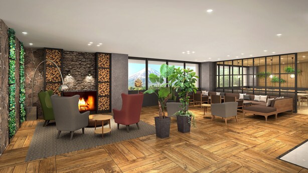 Een moderne lounge met een open haard, zitplaatsen en grote ramen.
