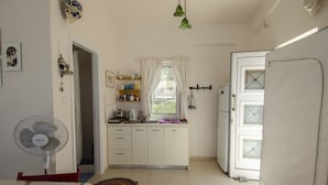 Una cocina compacta con refrigerador, pileta y ventana con cortinas.