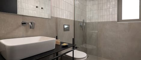Un baño moderno con una bañera blanca grande, una ducha con cerramiento de vidrio y un inodoro.