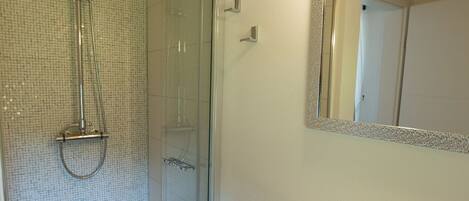 A modern bathroom with a glass shower enclosure, a white sink, and a mirror with a decorative frame.
