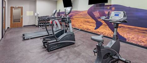 A gym with treadmills, stationary bikes, and a wall mural.