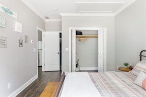 1 bedroom, desk, iron/ironing board, travel crib