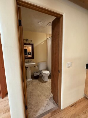 Combined shower/bathtub, towels, soap, toilet paper