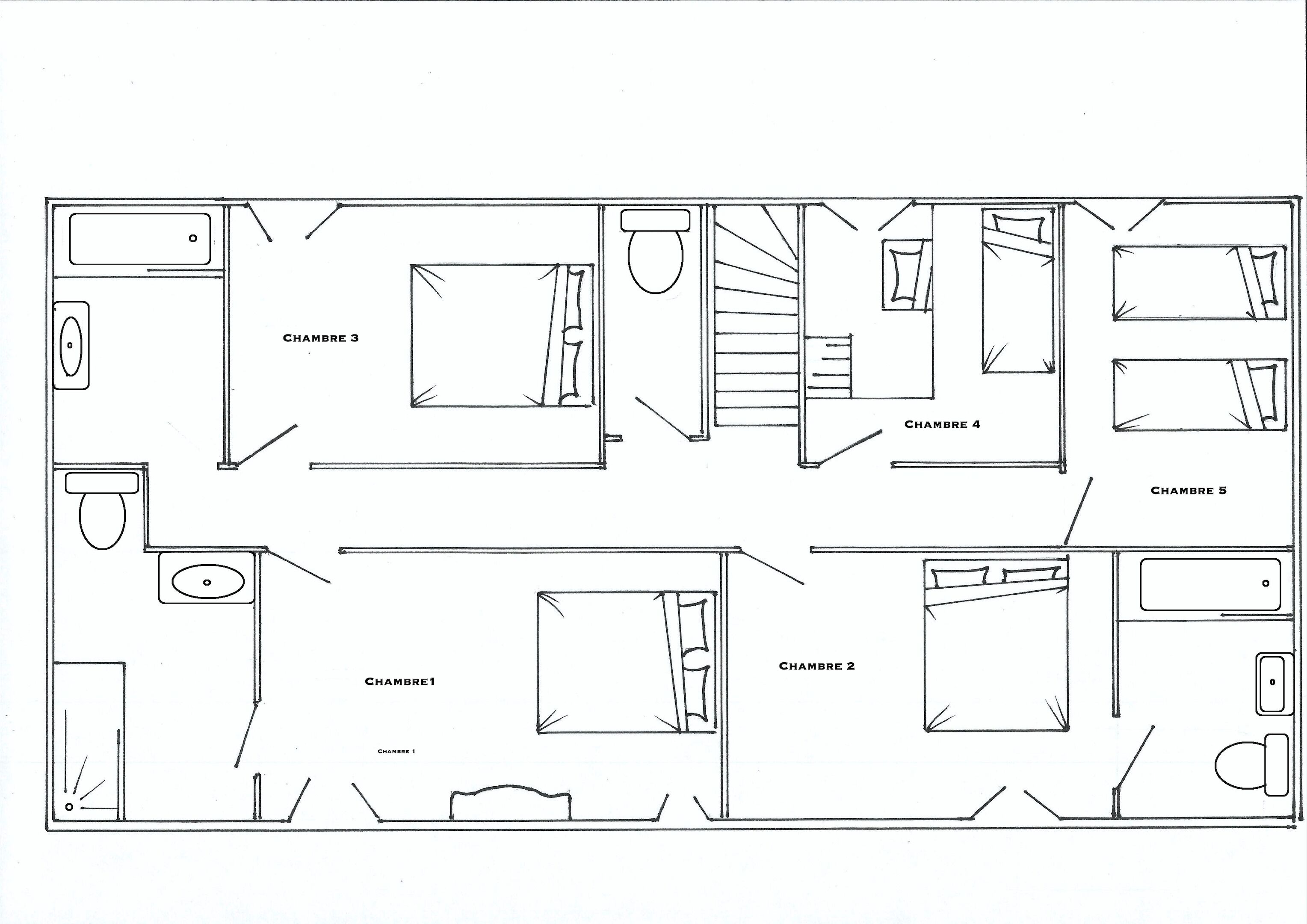 A floor plan of a hotel with five rooms, each labeled from Chambre 1 to Chambre 5. The rooms vary in size and layout, with some featuring windows and others with doors. The plan includes a bathroom with a sink and toilet in Chambre 1.
