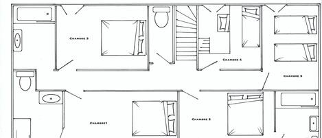 A floor plan of a hotel with five rooms, each labeled from Chambre 1 to Chambre 5. The rooms vary in size and layout, with some featuring windows and others with doors. The plan includes a bathroom with a sink and toilet in Chambre 1.