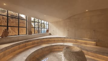 Sauna, steam room, body treatments, facials, 5 treatment rooms, massages