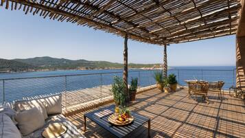 A terrace with a view of the sea, wicker furniture, and potted plants.
