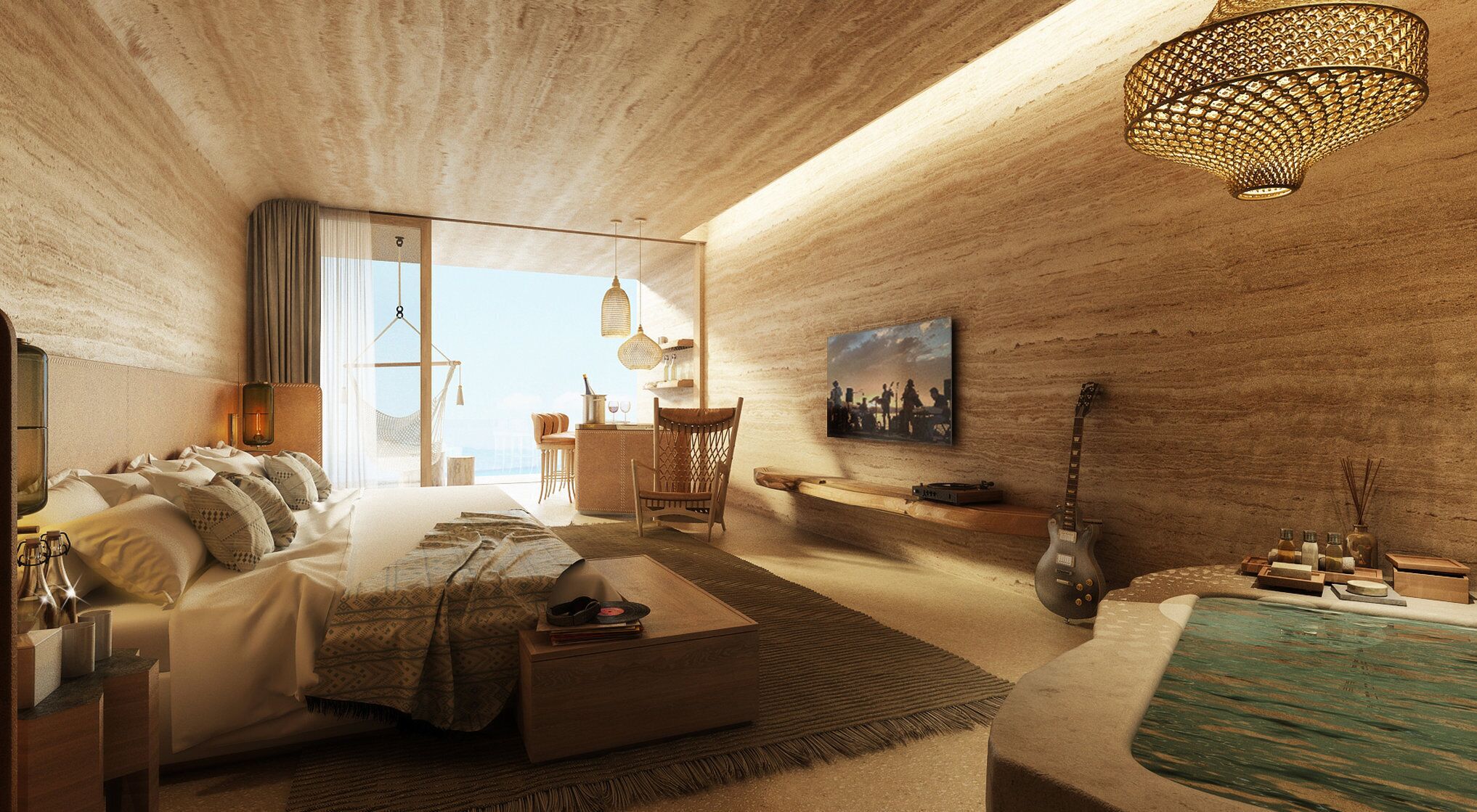 Quarto moderno com uma cama grande, uma escrivaninha e um violão.
