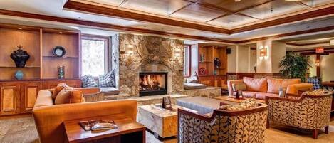 LCD TV, fireplace, DVD player