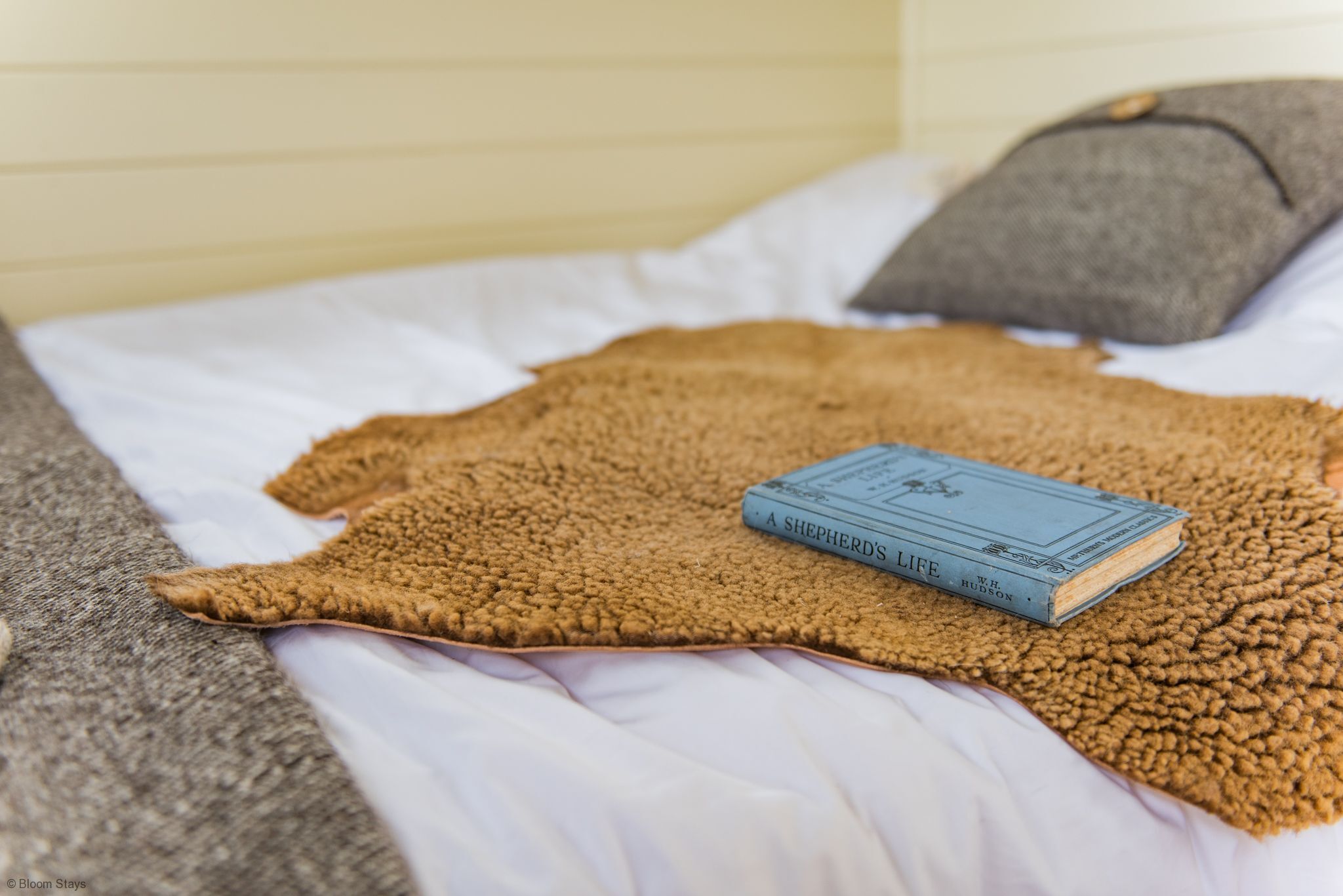 A bed with a brown textured blanket, a book titled 'A Shepherd's Life' by W.H. Hudson, and a gray pillow.