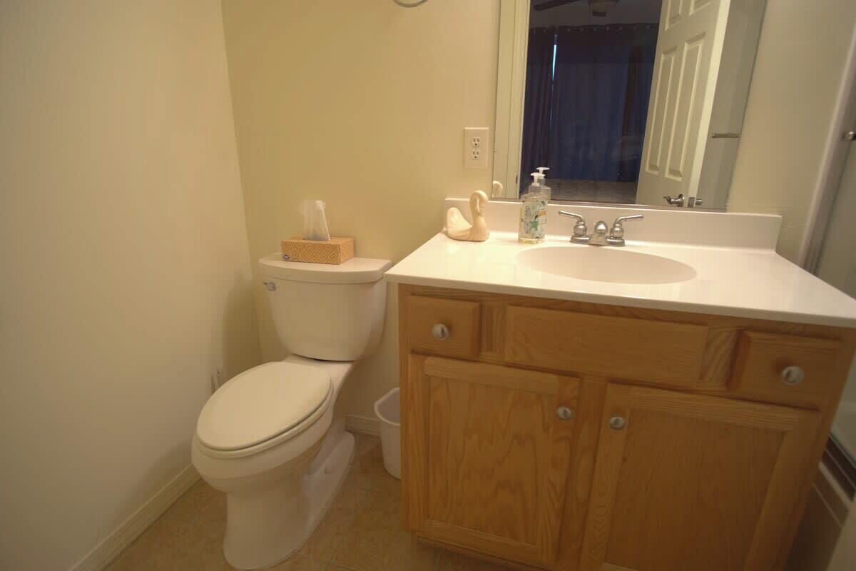 Une salle de bain avec des toilettes, un lavabo et des meubles en bois.