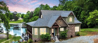 Sandy Bottom Cove, New Lakefront Luxury w/ Covered Decks + Heated Salt Pool, Beach, Hot Tub, Dock!