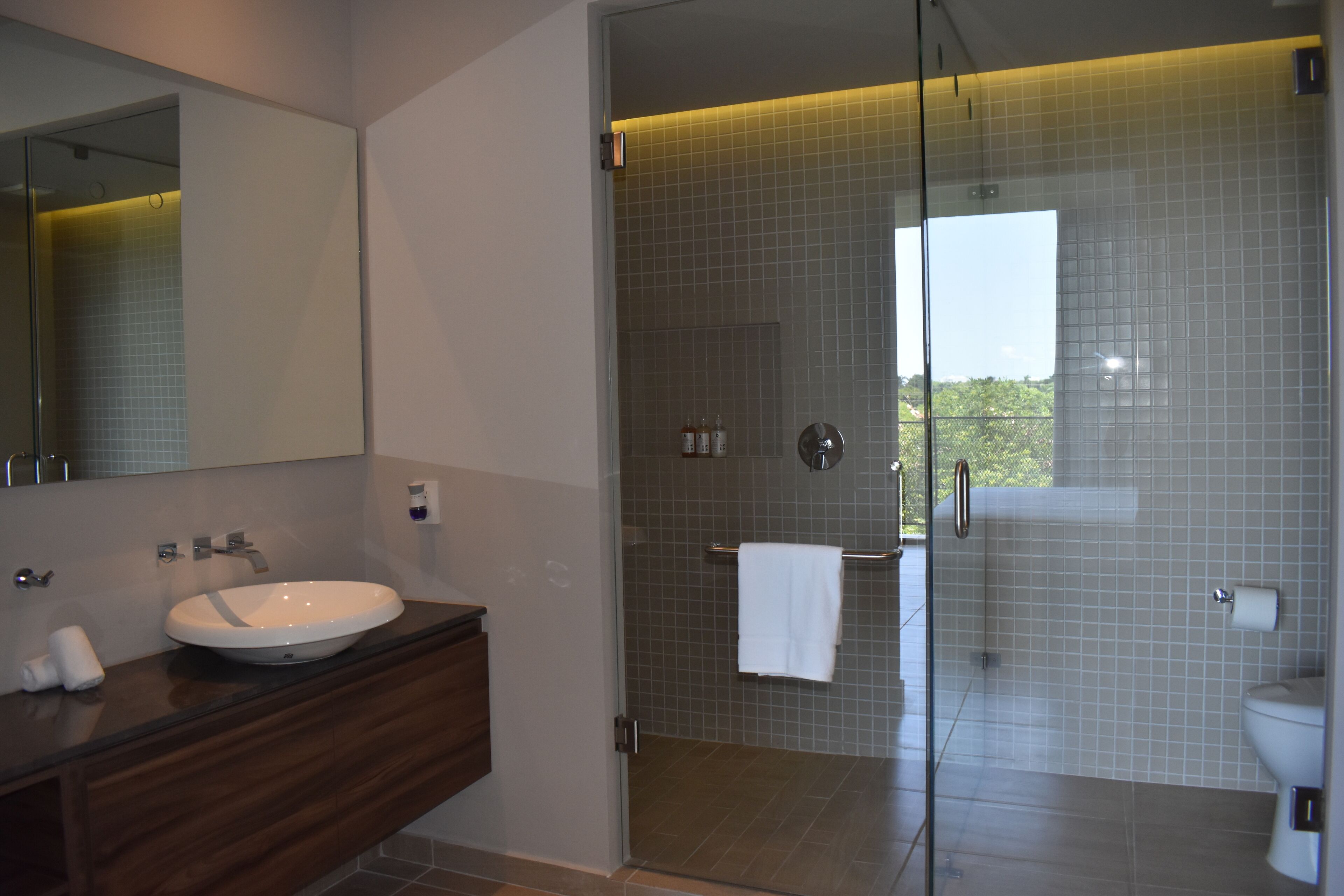Une salle de bain moderne avec une douche à parois de verre, un grand miroir et un meuble-lavabo en bois.