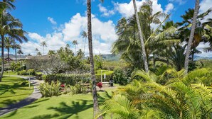 Un jardín tropical con palmeras, un sendero y un edificio al fondo.