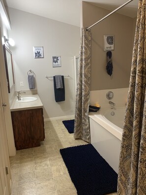 Combined shower/tub, hair dryer, towels, soap