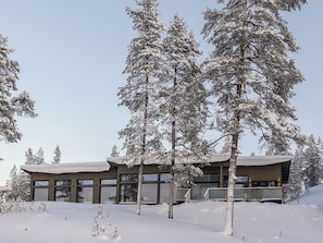 Un edificio moderno con amplios ventanales y techo plano, rodeado de árboles cubiertos de nieve.
