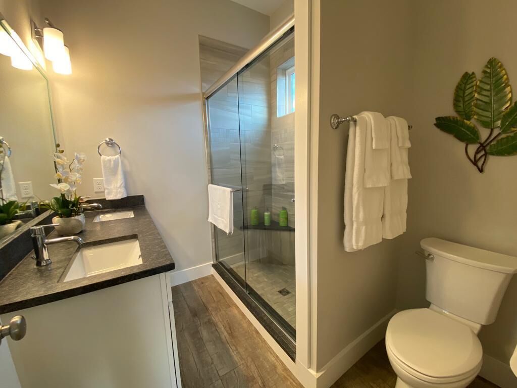 Combined shower/tub, hair dryer, towels, soap