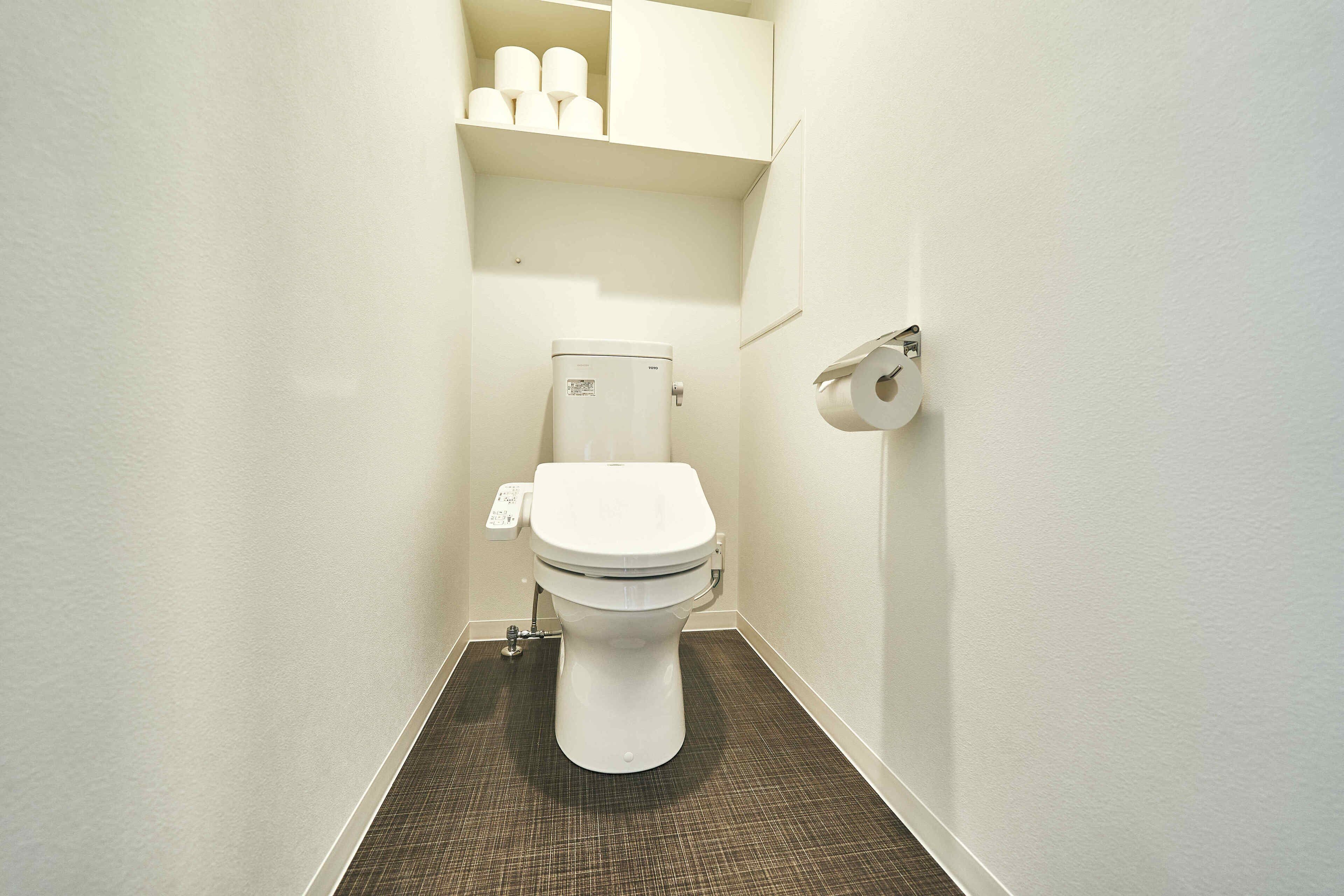 Ein kleines, weißes Badezimmer mit Toilette, einem Ablagefach mit Toilettenpapier und einer Papierrolle an der Wand.