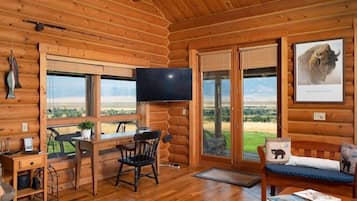 Älytelevisio, takka, DVD-soitin, kirjoja