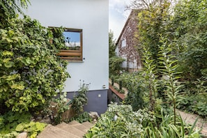 Una casa con ventana, rodeada de abundante vegetación y una escalera de piedra.