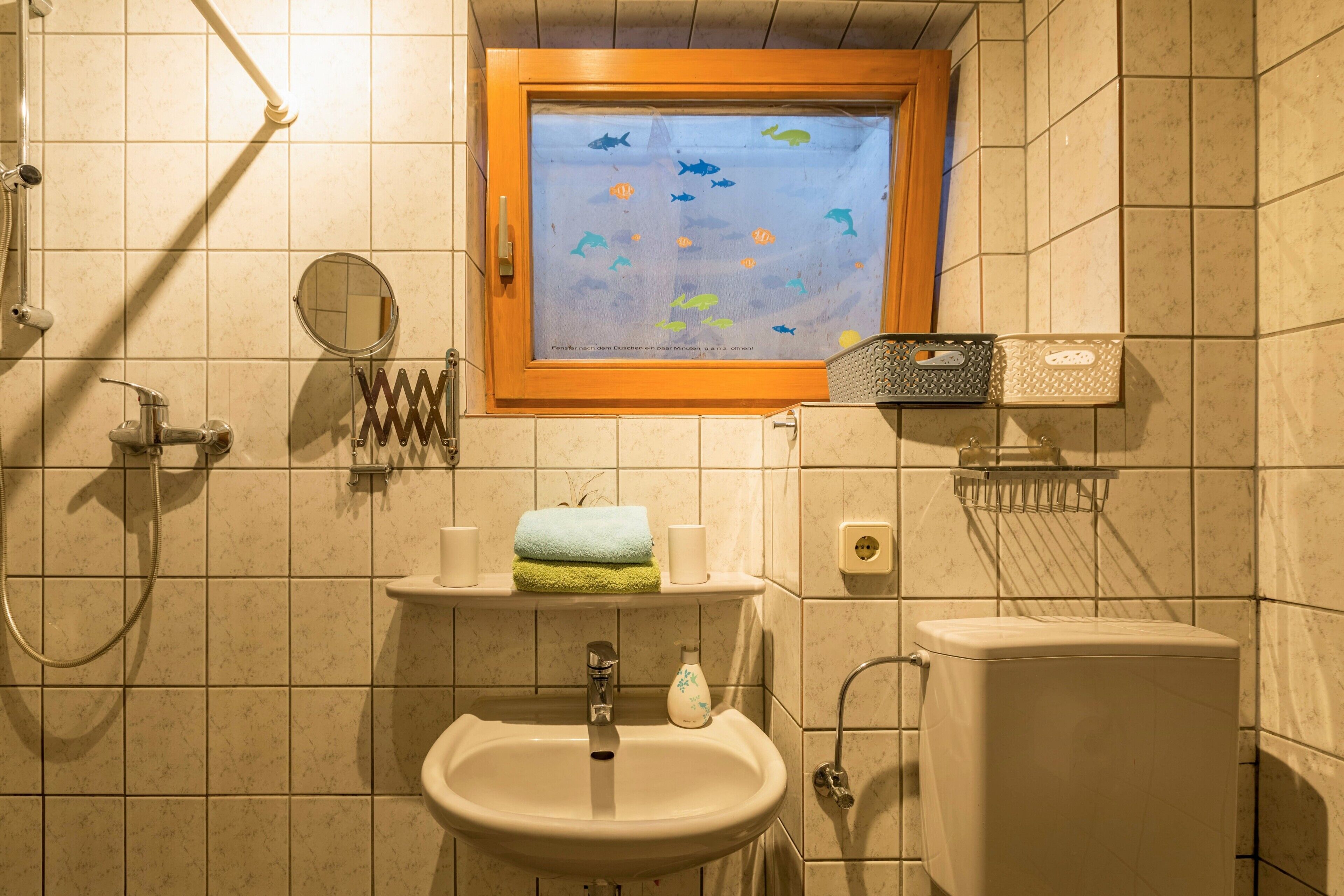 Ein Badezimmer mit Waschbecken, Spiegel, Handtuchhalter, Fenster mit Blick auf Fische und Toilette.