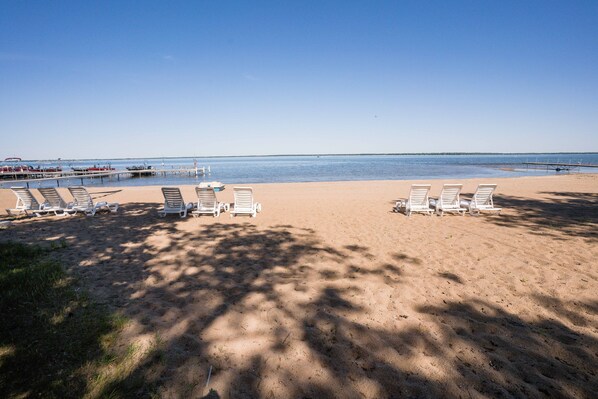 On the beach, sun loungers