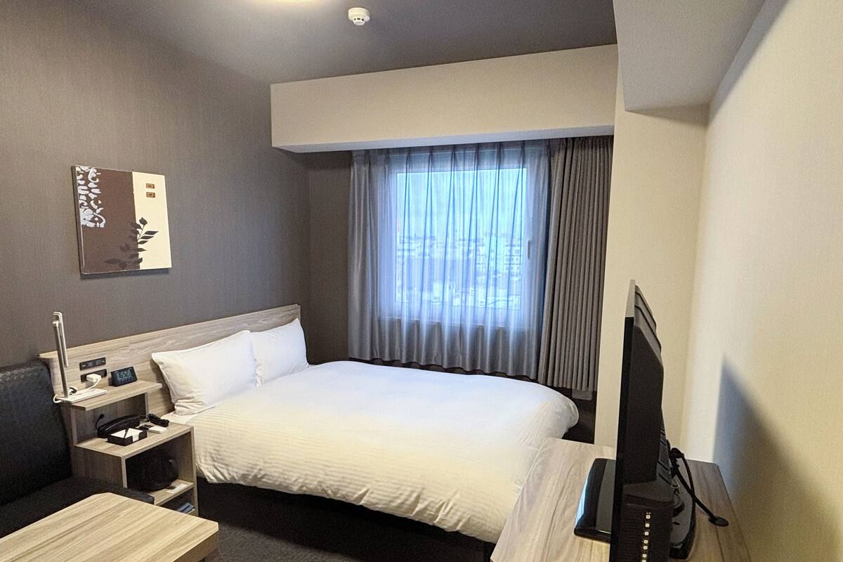 A hotel room with a bed, a desk, a television, a nightstand, and a wall-mounted picture.