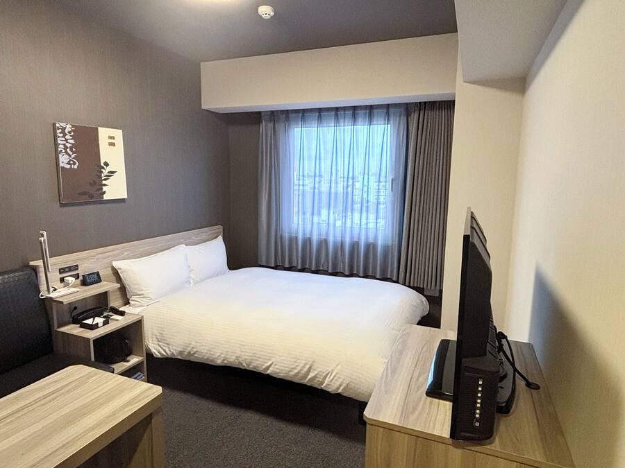 Habitación de hotel con cama, escritorio, televisor, mesita de noche y un cuadro colgado en la pared.