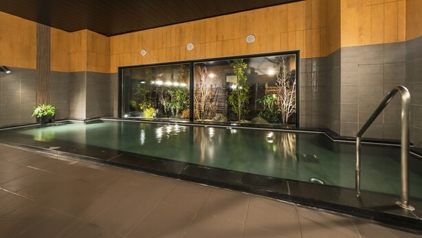 A modern indoor swimming pool with a wooden wall and glass doors, surrounded by plants and a metal railing. - Route Inn Noda - Kokudou16gouzoi - (Noda)