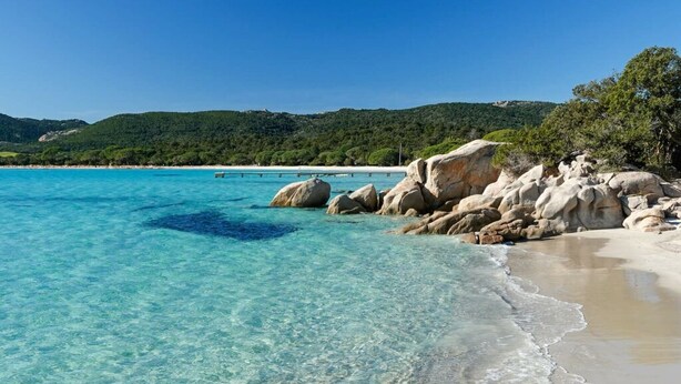 A beach with clear turquoise water, large rocks, and a forested hill in the background.