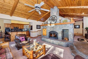 Flat-screen TV, fireplace, video games, DVD player
