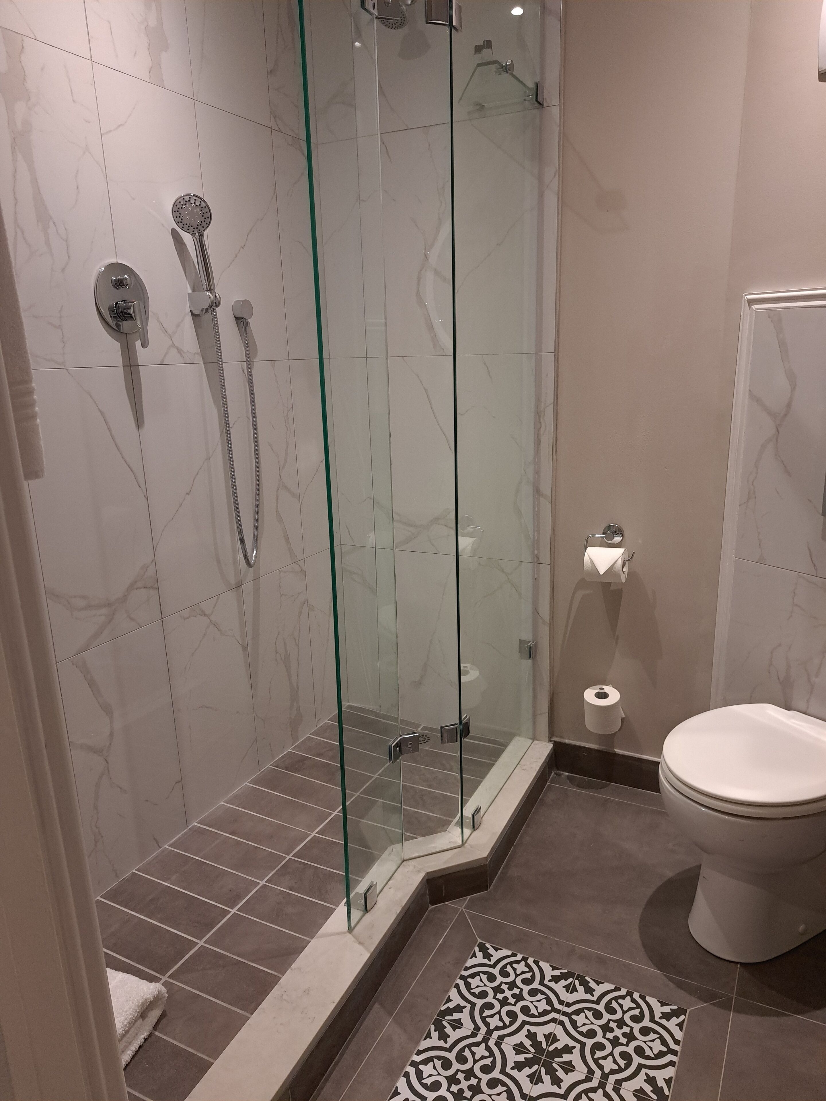 Un baño moderno con ducha de vidrio, inodoro y un felpudo estampado.