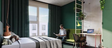 A modern bedroom with a bed, a desk, a chair, and a hanging plant.