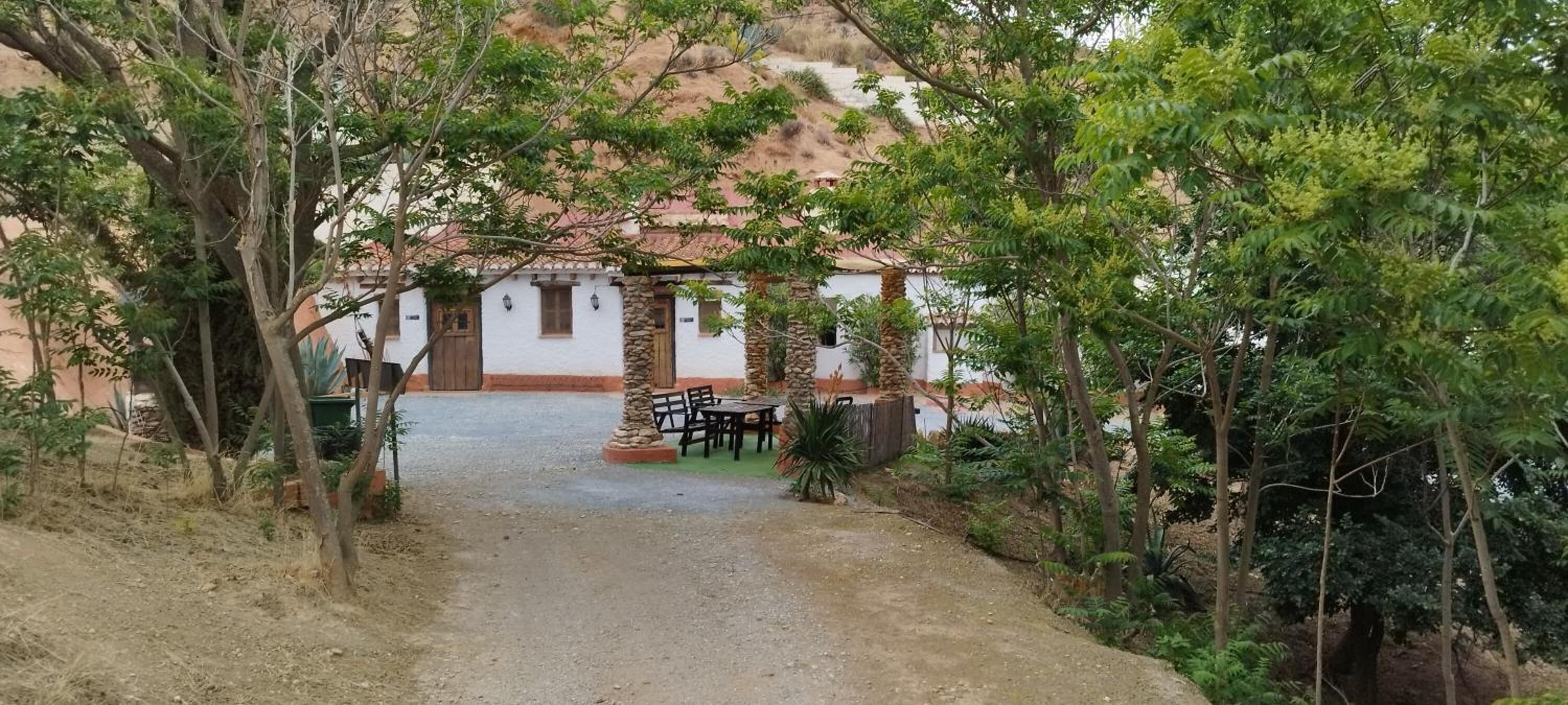 Un camino que lleva a un edificio de fachada blanca y techo rojo, rodeado de árboles y vegetación.