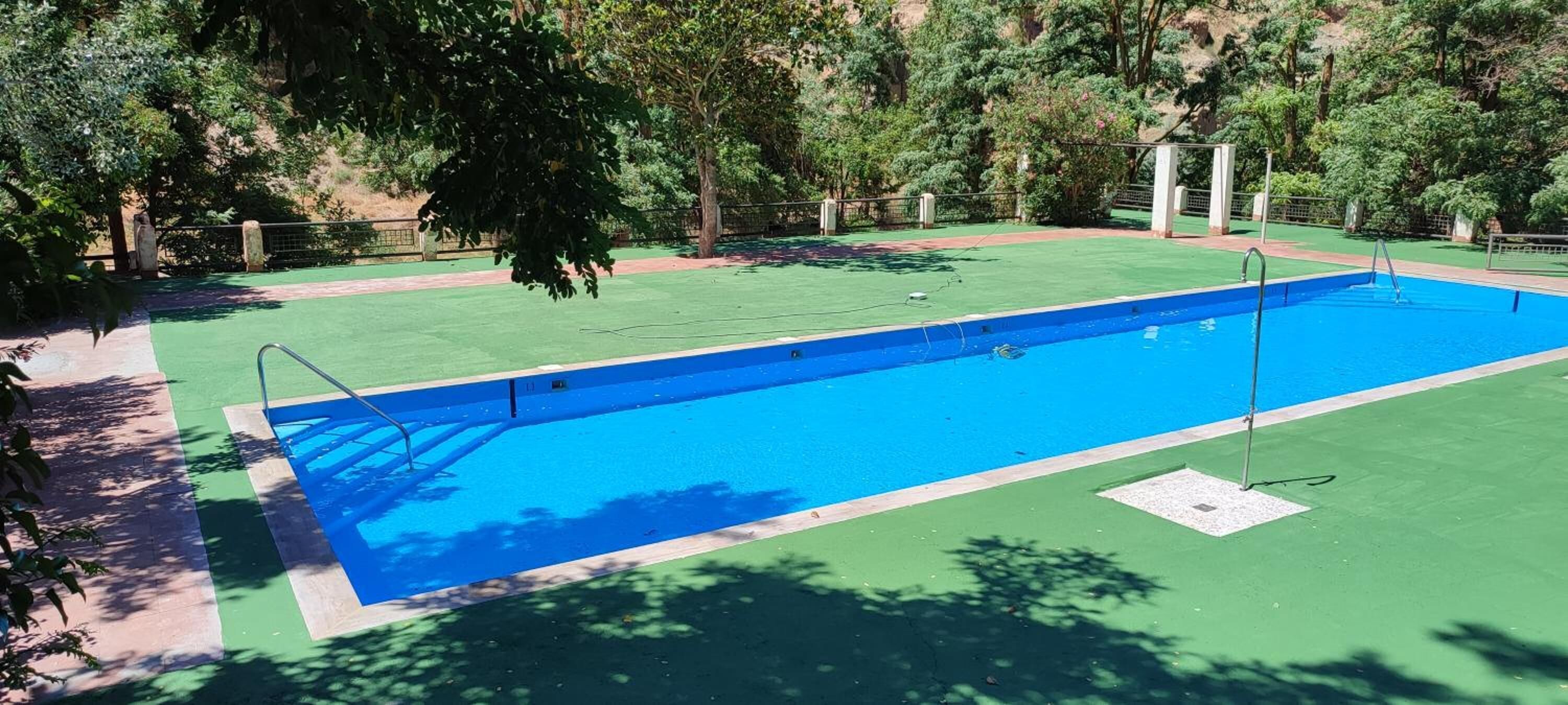 Una piscina rectangular con revestimiento azul, rodeada de césped artificial verde, ubicada en una zona ajardinada con árboles y un muro de piedra al fondo.