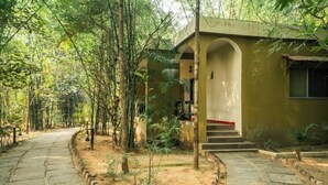 Un sendero que conduce a un edificio con vestíbulo cubierto y escalones.