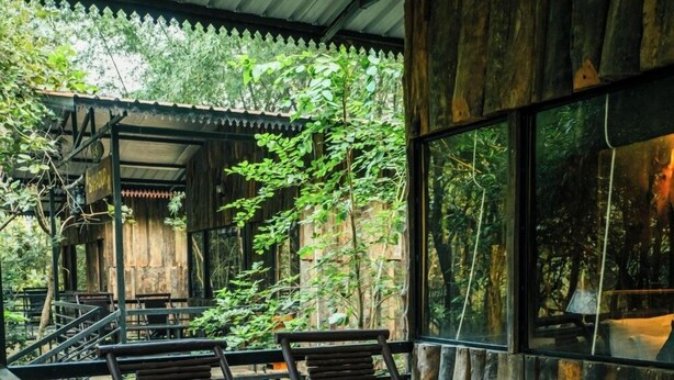 Un área de estar al aire libre con madera, barandillas de metal y mesas, rodeada de abundante vegetación.