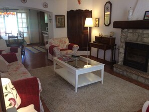 TV, fireplace, books, stereo