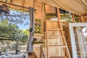 A rustic wooden interior with a sink, shelves, and a bed with a hanging plant. - Treehouse Mountain Views Unique Ranch Experience (Larkspur)