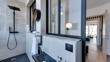 Shower, hair dryer, towels