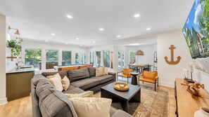 TV, fireplace - Drift Away Ridge, Brand New Lakefront Luxury w/ Covered Decks + Hot Tub, Fire Pit, Party Deck & Dock (Moneta)