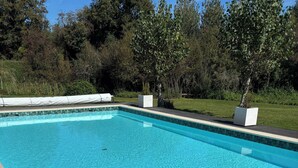 A rectangular swimming pool with clear blue water, surrounded by a tiled deck and a grassy area with trees.