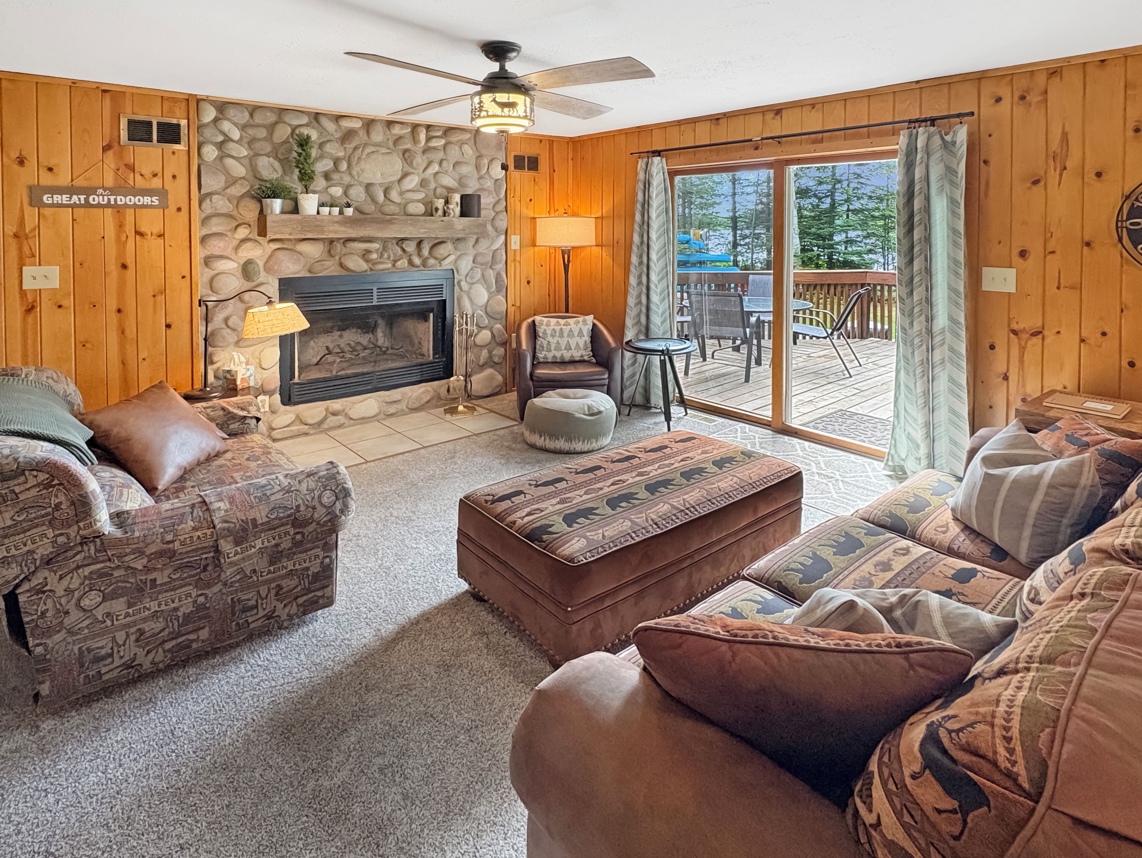 Télévision, cheminée, lecteur de DVD, baby-foot