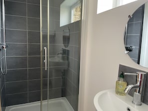 Combined shower/tub, hair dryer, towels, soap