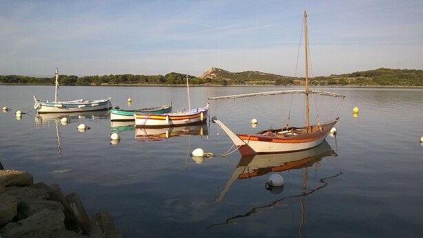 Un lago tranquilo con varias embarcaciones fonqueadas.