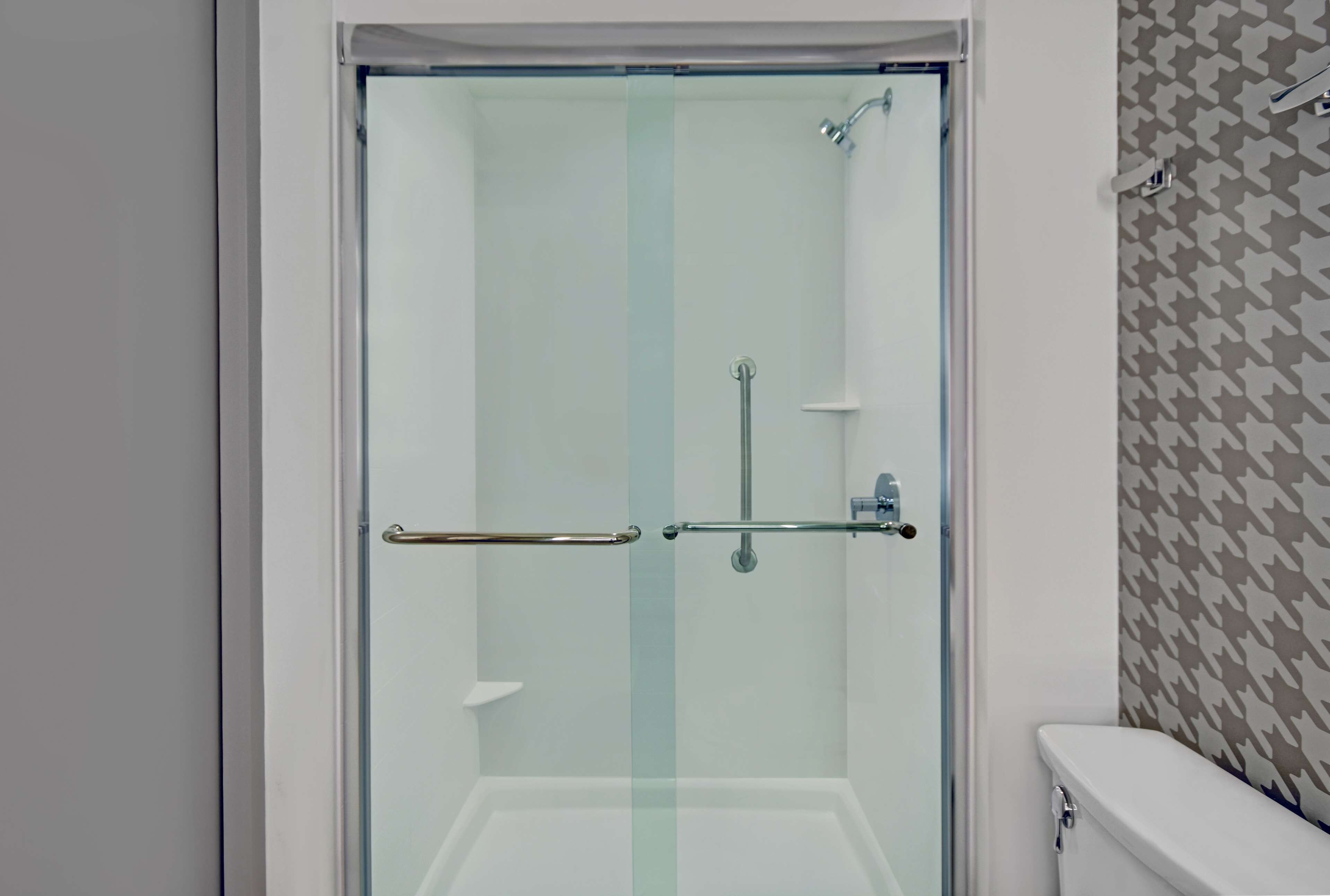 A glass-enclosed shower with a handrail, a toilet, and a patterned wall.